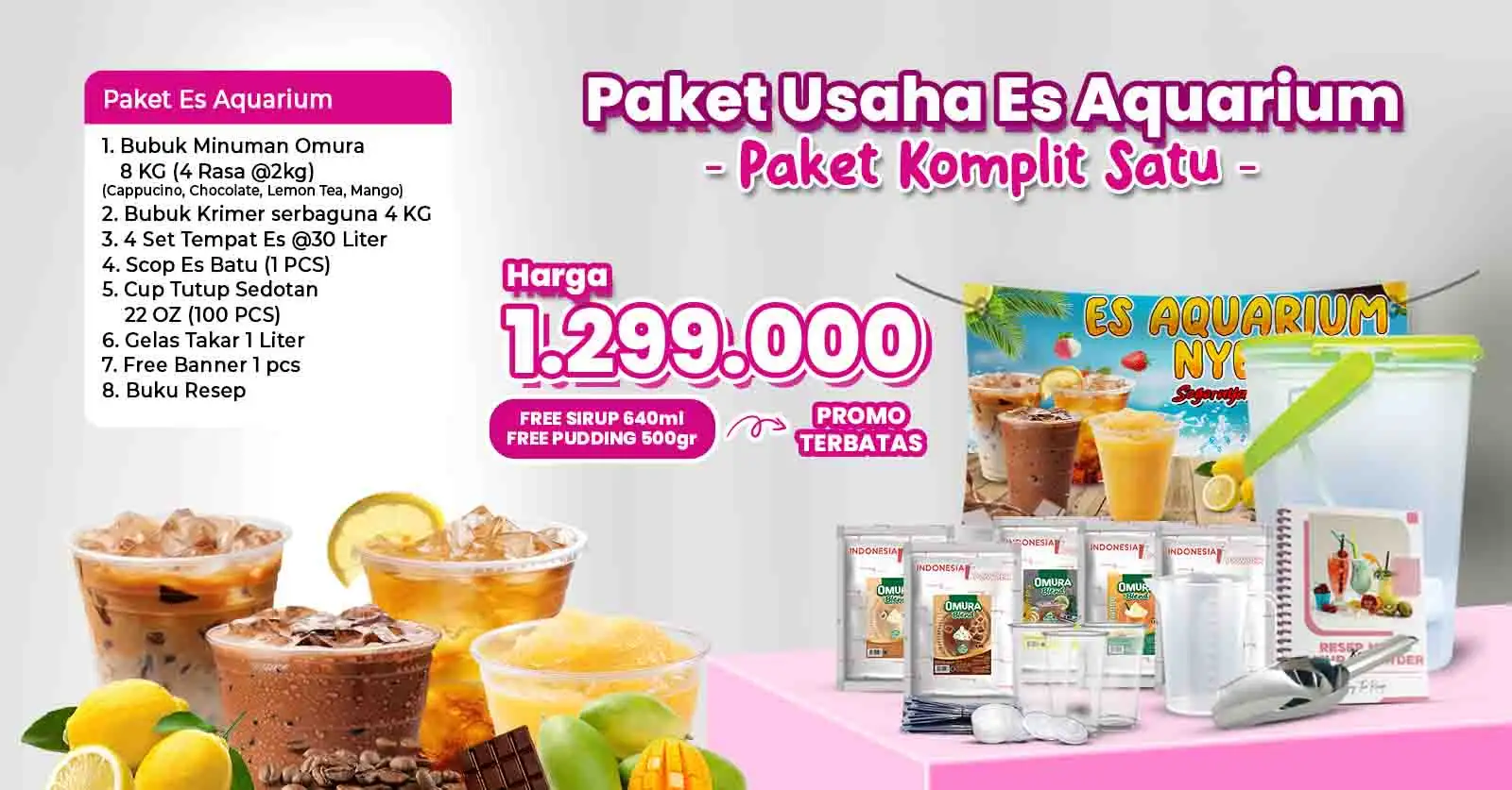 banner paket usaha es aquarium omura terlaris